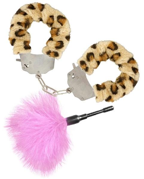 Эротический набор: леопардовые наручники и розовая пуховка от Toy Joy