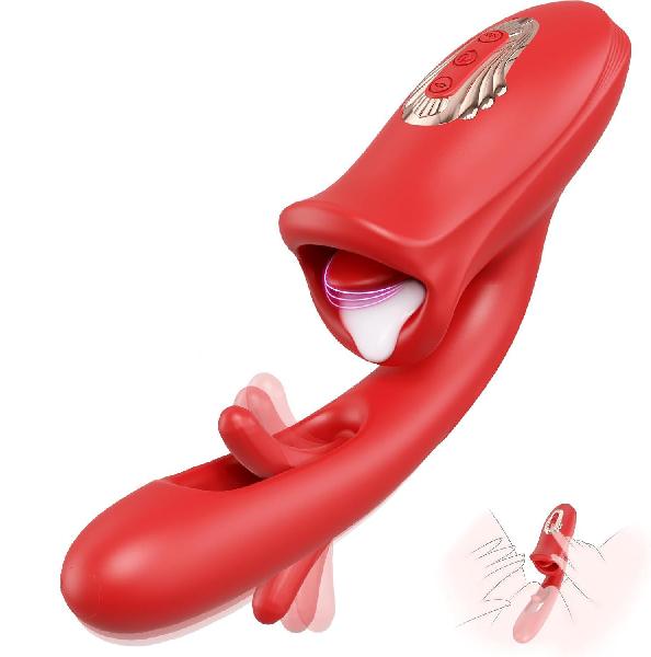 Красный вибратор с функциями фингеринга и лизания - 25,1 см. от Secwell