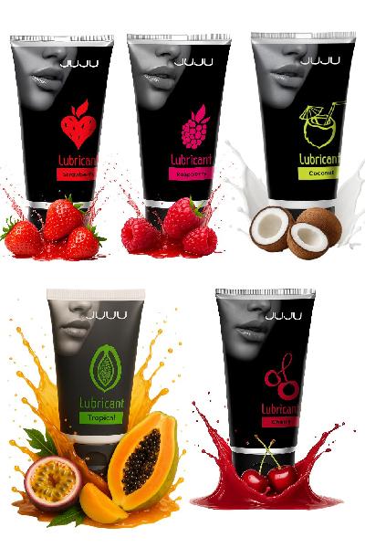 Набор из 5 съедобных лубрикантов JUJU (клубника, малина, тропические фрукты, вишня, кокос) от JuJu
