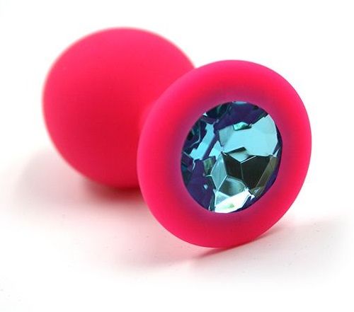 Розовая силиконовая анальная пробка с голубым кристаллом - 7 см. от Kanikule