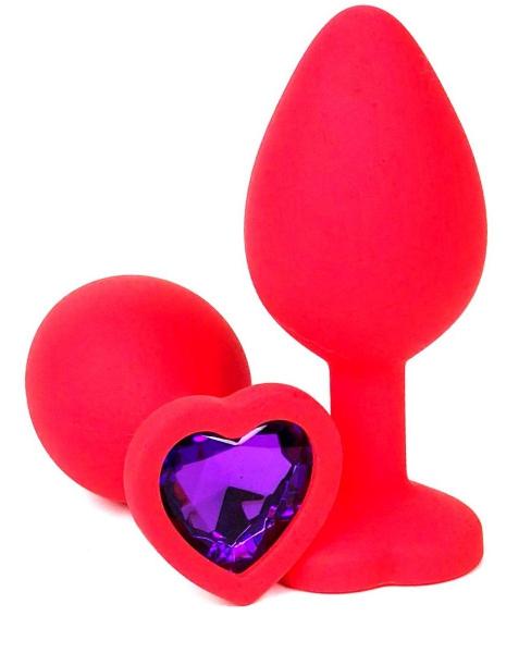Красная силиконовая анальная пробка с фиолетовым стразом-сердцем - 8 см. от Vandersex