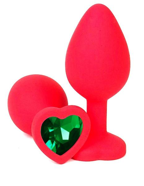 Красная силиконовая анальная пробка с зеленым стразом-сердцем - 8,5 см. от Vandersex