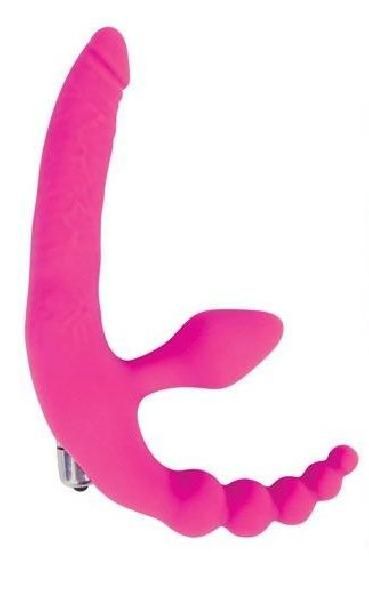 Розовый безремневой страпон с анальным отростком и вибрацией - 15 см. от Bior toys
