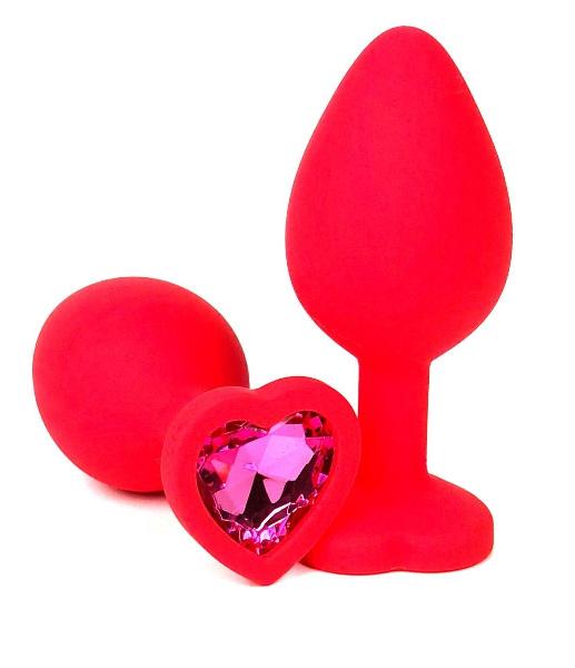 Красная силиконовая анальная пробка с розовым стразом-сердцем - 8,5 см. от Vandersex