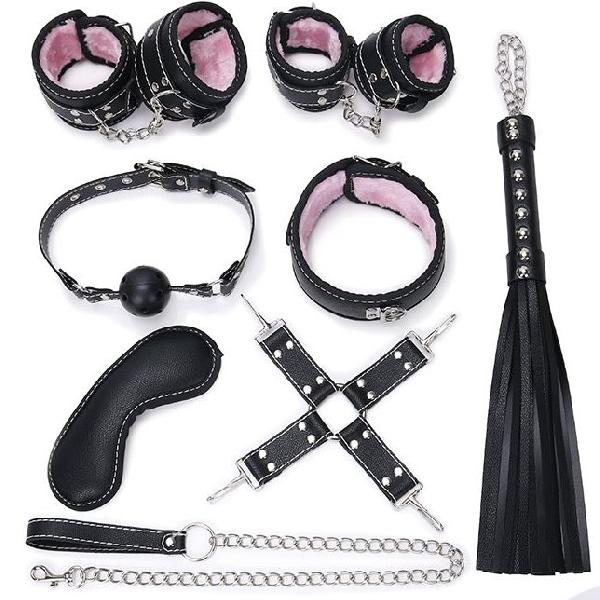 Пикантный черно-розовый набор БДСМ: маска, ошейник, кляп, фиксатор, наручники, оковы, плеть от Bior toys