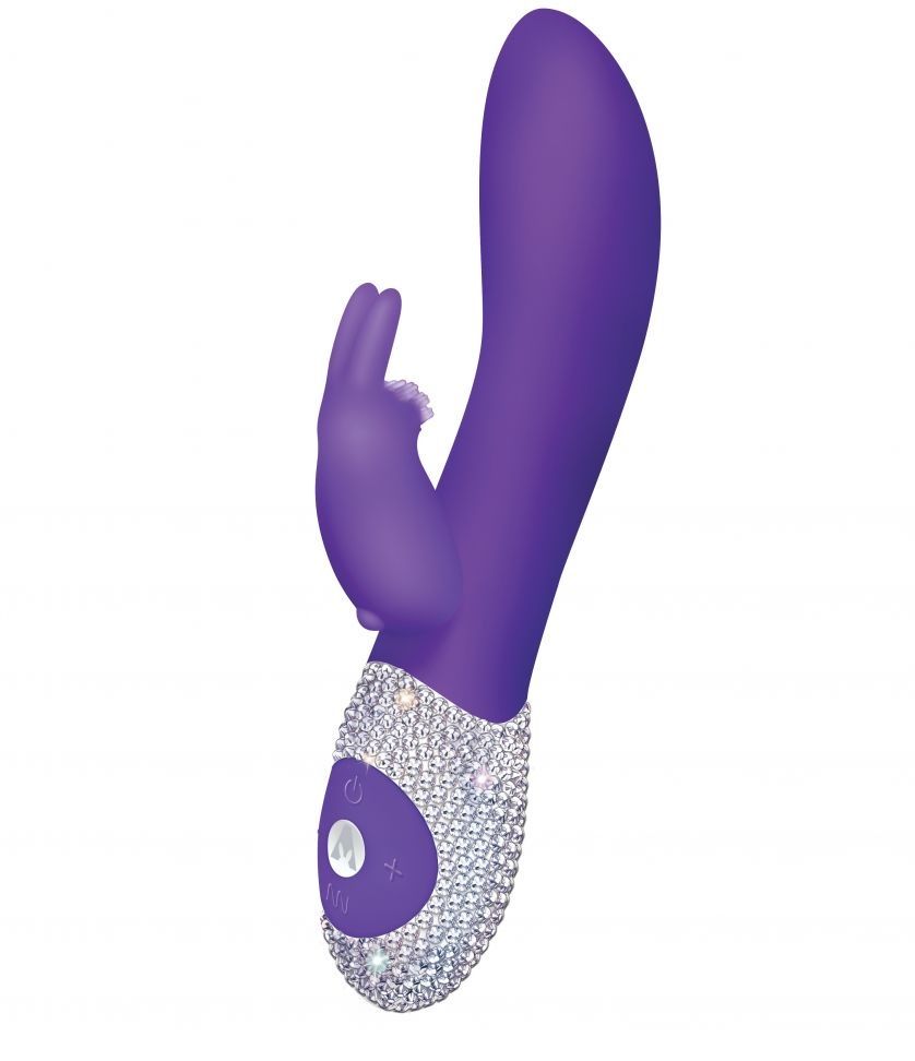 Фиолетовый вибромассажёр с клиторальным отростком и отделанной стразами рукоятью The Classic Rabbit - 22 см. от The Rabbit Company