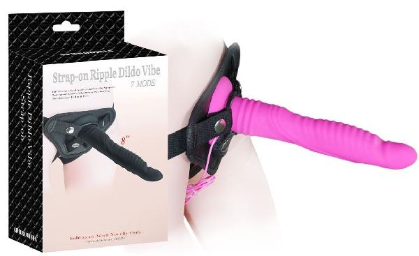 Розовый страпон 8 inch Strap-on Ripple Dildo Vibe - 21 см. от Howells