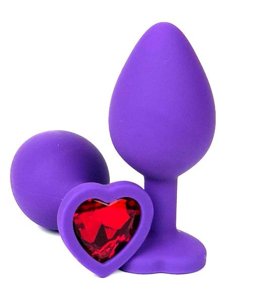 Фиолетовая силиконовая анальная пробка с красным стразом-сердцем - 8,5 см. от Vandersex