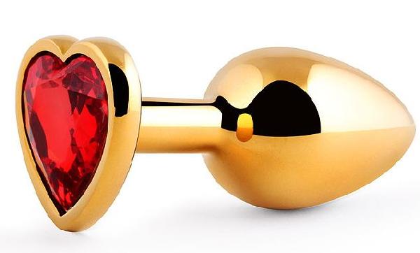 Золотистая анальная пробка с красным стразом-сердечком - 8 см. от Anal Jewelry Plug