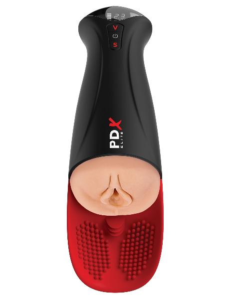 Телесный мастурбатор-вагина в черной колбе с вибрацией Fuck-O-Matic Pro XL от Pipedream