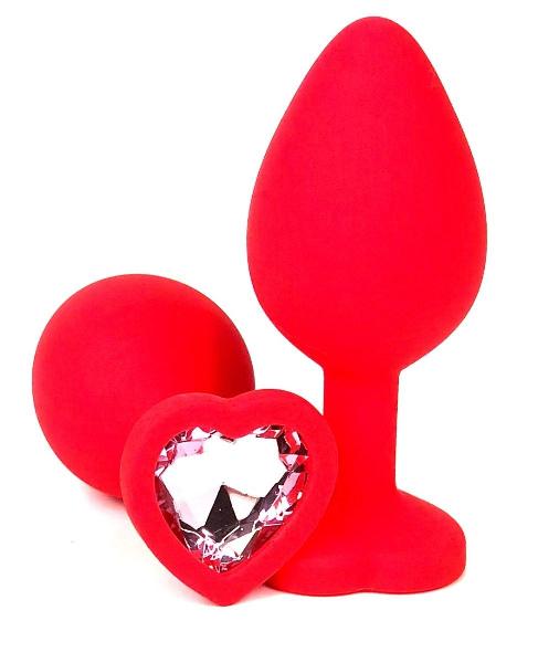 Красная силиконовая анальная пробка с нежно-розовым стразом-сердцем - 8 см. от Vandersex