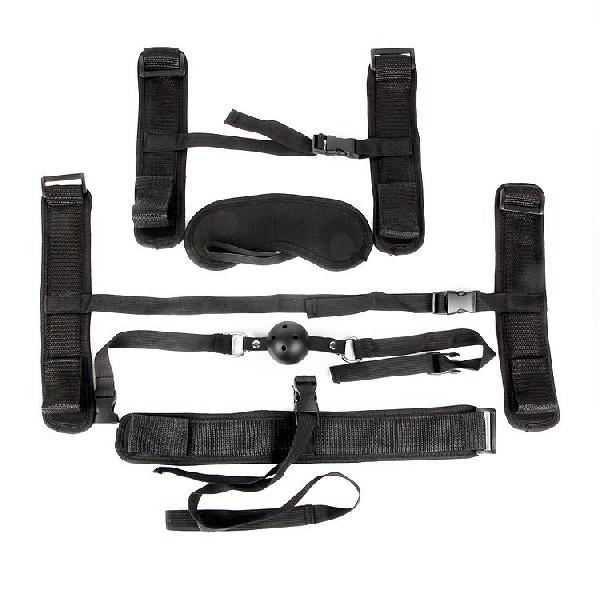 Пикантный черный текстильный набор БДСМ: наручники, оковы, ошейник с поводком, кляп, маска от Bior toys