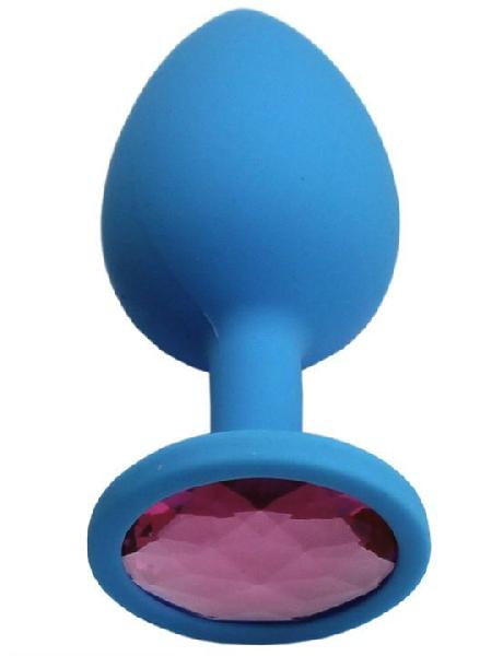 Голубая анальная пробка с розовым кристаллом - 8,4 см. от Eroticon
