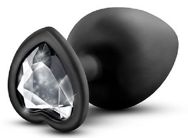Черная анальная пробка с прозрачным стразом-сердечком Bling Plug Large - 9,5 см. от Blush Novelties