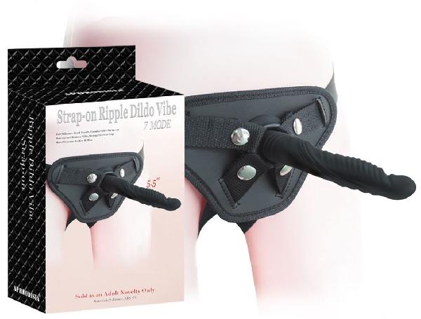 Черный вибрострапон 5.5 inch Strap-on Ripple Dildo Vibe - 13,8 см. от Howells