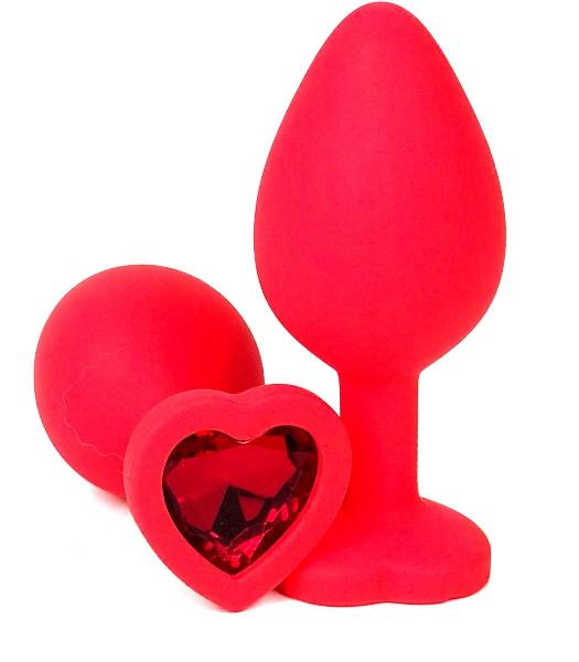 Красная силиконовая анальная пробка с красным стразом-сердцем - 8 см. от Vandersex