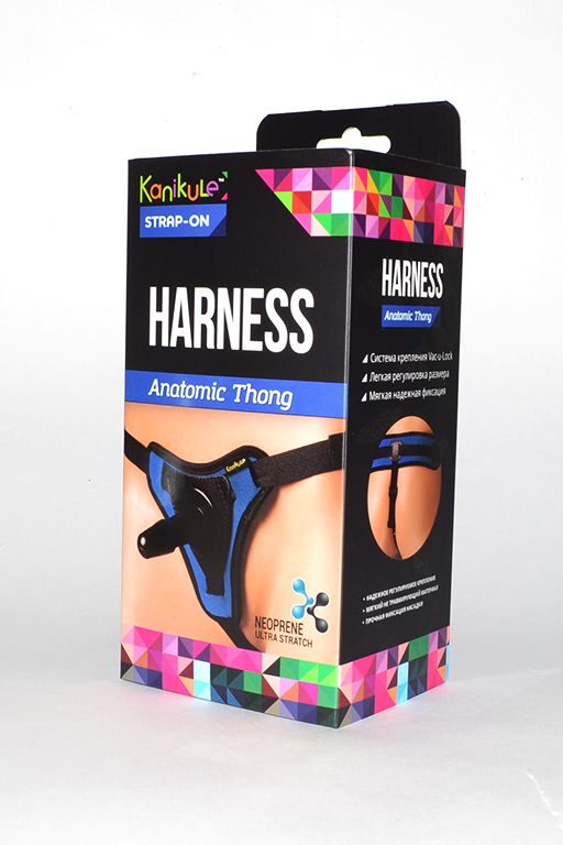Сине-чёрные трусики с плугом Kanikule Strap-on Harness Anatomic Thong от Kanikule