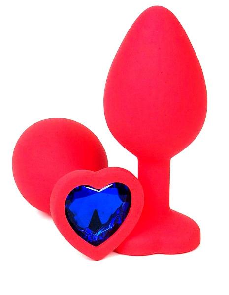 Красная силиконовая анальная пробка с синим стразом-сердцем - 8,5 см. от Vandersex