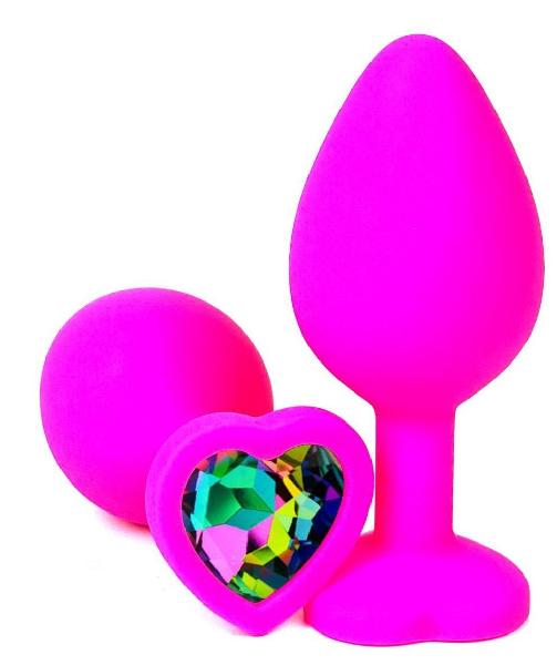 Розовая силиконовая пробка с разноцветным кристаллом-сердечком - 7 см. от Vandersex