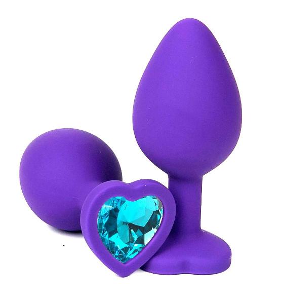 Фиолетовая силиконовая анальная пробка с голубым стразом-сердцем - 8 см. от Vandersex
