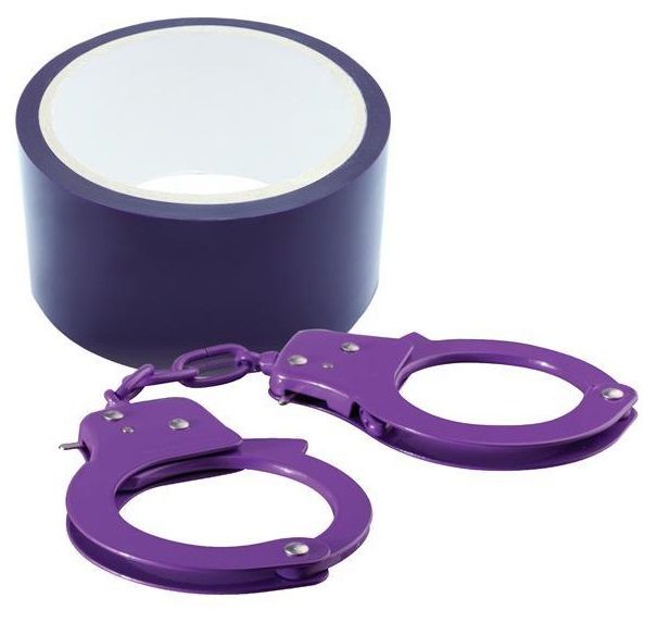 Набор для фиксации BONDX METAL CUFFS AND RIBBON: фиолетовые наручники из листового материала и липкая лента от Dream Toys