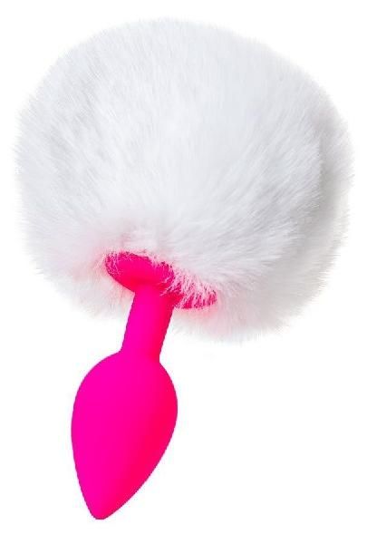 Розовая анальная втулка Sweet bunny с белым пушистым хвостиком от ToyFa