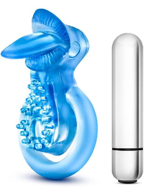 Голубое эрекционное виброкольцо 10 Function Vibrating Tongue Ring от Blush Novelties