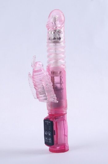 Розовый вибратор с ротацией, функцией Up Down и клиторальным отростком - 23,5 см. от White Label