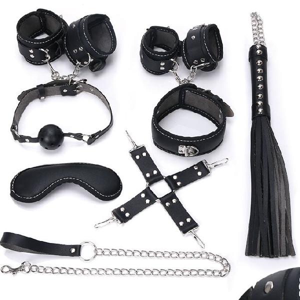 Пикантный черный набор БДСМ: маска, ошейник, кляп, фиксатор, наручники, оковы, плеть от Bior toys
