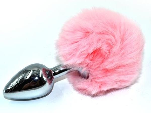 Серебристая округлая анальная пробка с заячьим хвостиком розового цвета - 11,5 см. от Kanikule