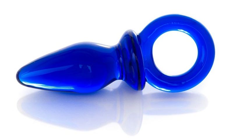 Синяя анальная пробка из стекла с ручкой-кольцом - 7 см. от Sexus Glass