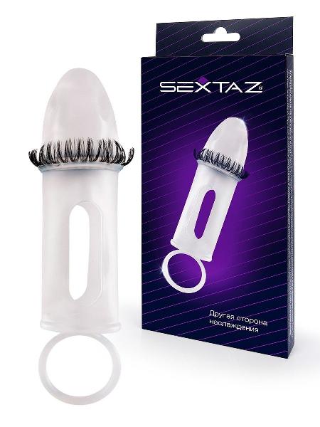 Закрытая насадка на пенис с подхватом мошонки и стимулирующими «ресничками» от Sextaz