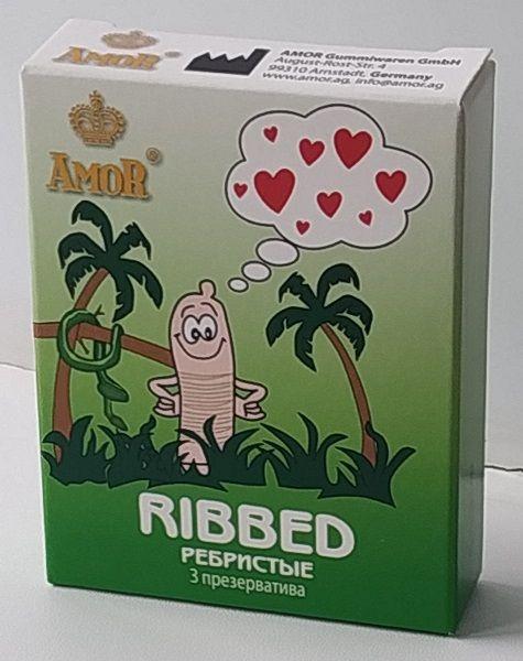 Ребристые презервативы AMOR Ribbed  Яркая линия  - 3 шт. от AMOR