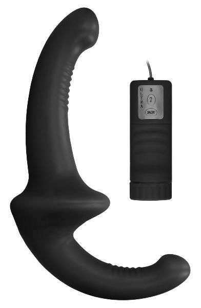 Черный безремневой вибрострапон с пультом управления Vibrating Silicone Strapless Strapon от Shots Media BV