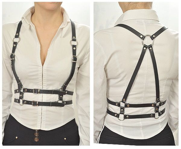 Чёрная кожаная портупея из тонких ремешков от Sitabella