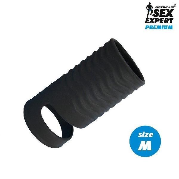 Черная открытая насадка на пенис с кольцом для мошонки size M - 7,9 см. от Bior toys