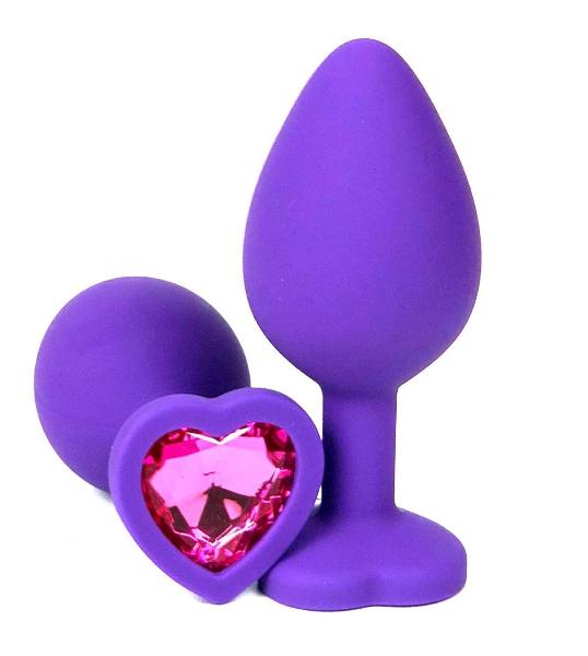 Фиолетовая силиконовая анальная пробка с розовым стразом-сердцем - 7 см. от Vandersex