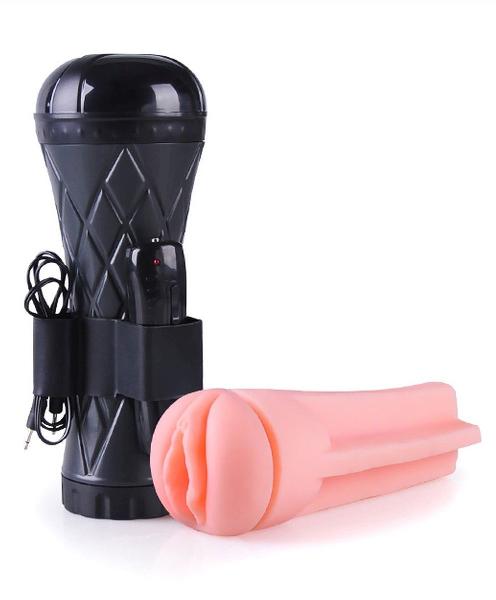 Телесный мастурбатор-вагина в черной колбе с вибрацией от Boys of Toys