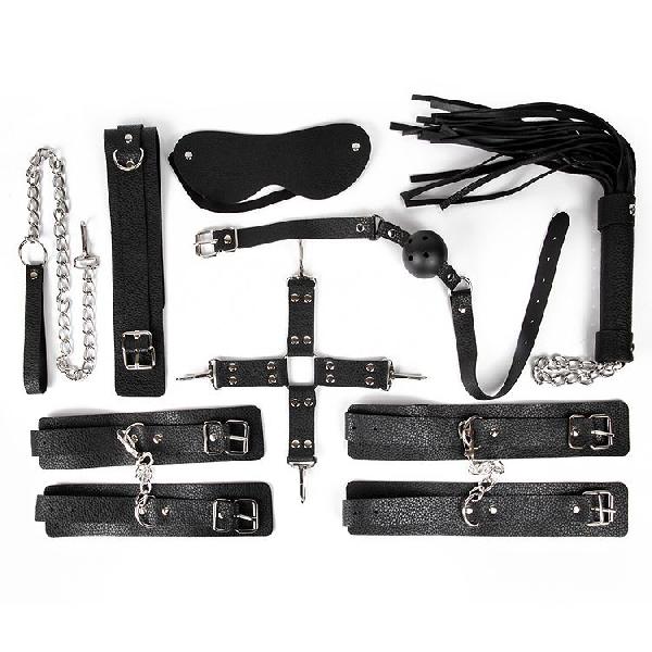 Большой черный набор БДСМ: наручники, оковы, ошейник с поводком, кляп, маска, плеть, фиксатор от Bior toys