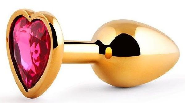 Золотистая анальная пробка с малиновым кристаллом-сердечком - 7 см. от Anal Jewelry Plug