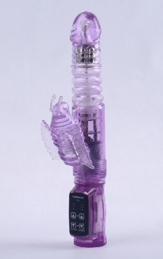 Фиолетовый вибратор с ротацией, функцией Up Down и клиторальной бабочкой - 23,5 см. от White Label