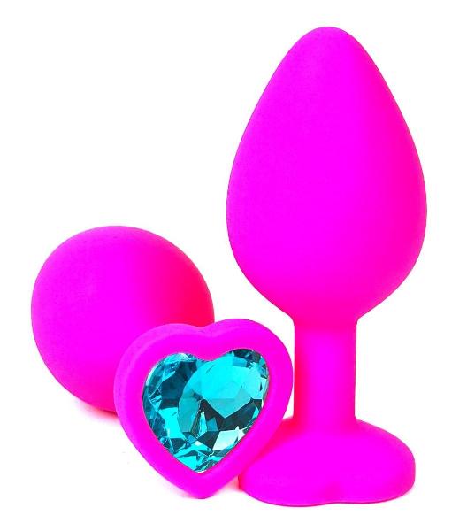 Розовая силиконовая пробка с голубым кристаллом-сердцем - 8,5 см. от Vandersex