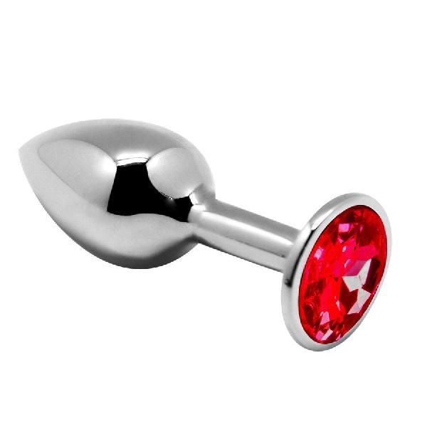 Серебристая анальная втулка Mini Metal Butt Plug Size M с красным кристаллом от Adrien Lastic