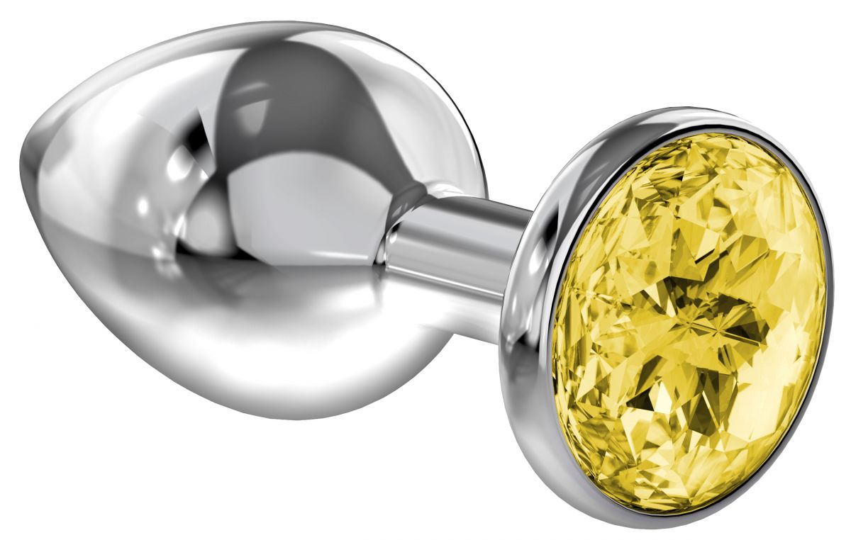 Малая серебристая анальная пробка Diamond Yellow Sparkle Small с жёлтым кристаллом - 7 см. от Lola toys