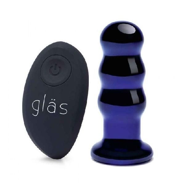 Синий стеклянный анальный стимулятор на дистанционном управлении Beaded Buttplug от Glas