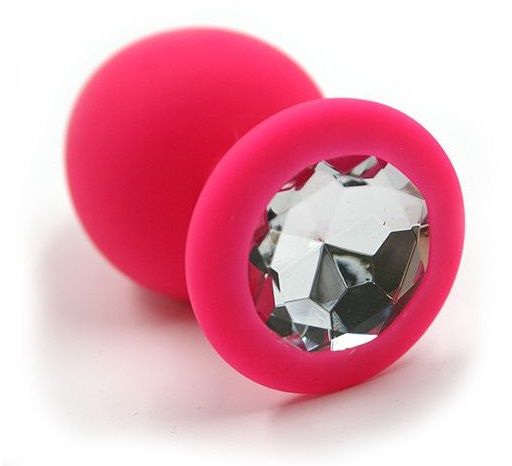 Розовая силиконовая анальная пробка с прозрачным кристаллом - 7 см. от Kanikule