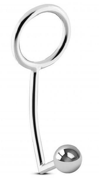 Серебристое эрекционное кольцо с анальной пробкой Sinner Metal Cock Ring With Anal Plug Size L от EDC Wholesale