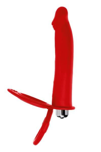 Красная насадка на пенис для двойного проникновения - 19 см. от ToyFa