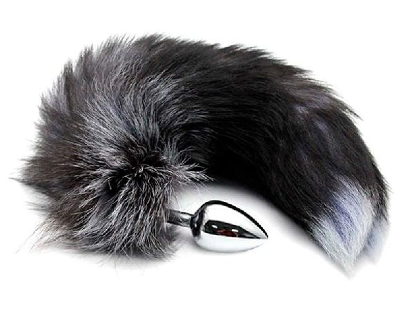 Серебристая анальная пробка с темным лисьим хвостом Black   White Fox Tail Size M от Adrien Lastic