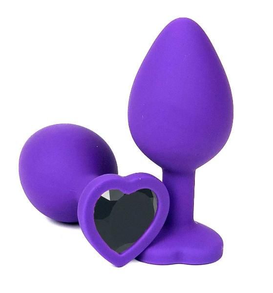 Фиолетовая силиконовая анальная пробка с черным стразом-сердцем - 8 см. от Vandersex